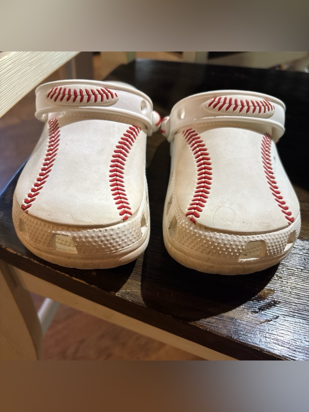 Kids White Baseball Stitch Crocs - Athletic Slip-On
